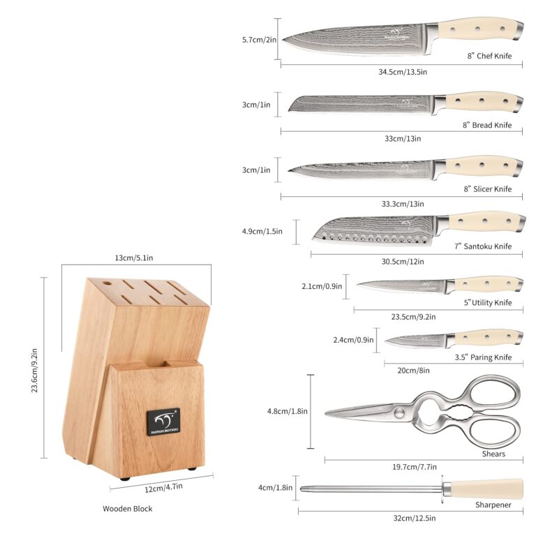 Damascus Kitchen Knife Set, 9 Pieces With Block, White ABS Triple Rivet Ergonomic Handle for Chef Knives, Sharpener and Shears - Image 7