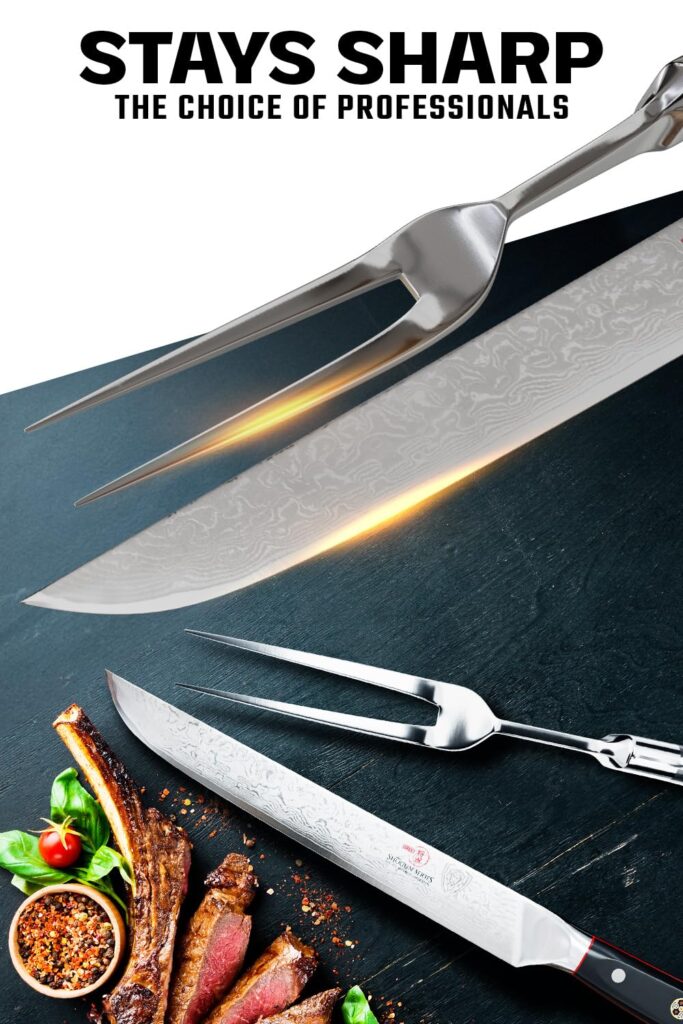 DALSTRONG Carving Knife & Fork Set - 9 inch - Shogun Series ELITE - Damascus Carving Set - Japanese AUS-10V Super Steel Kitchen Knife - BBQ Set - Sheath Included - Image 8