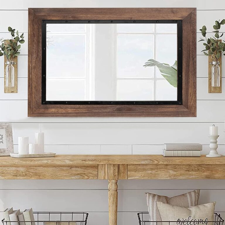 YOSHOOT Rustic Wooden Framed Wall Mirror, Natural Wood and Iron Bathroom Vanity Mirror for Farmhouse Decor, Vertical or Horizontal Hanging, 53" x 28", Brown - Image 3