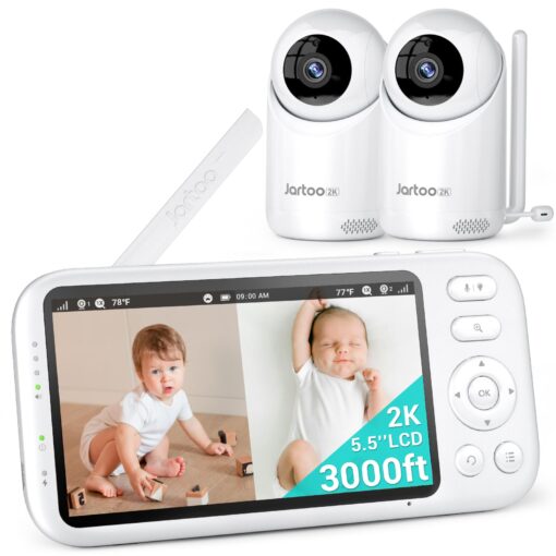 Jartoo 2K Video Baby Monitor with 2 Cameras and Audio, 3000ft Long Range Baby Monitor No WiFi, 5.5" Split Display, VOX - AI Cry Detect, ANR, IR Night Vision, 2-Way Audio, 6000mAh