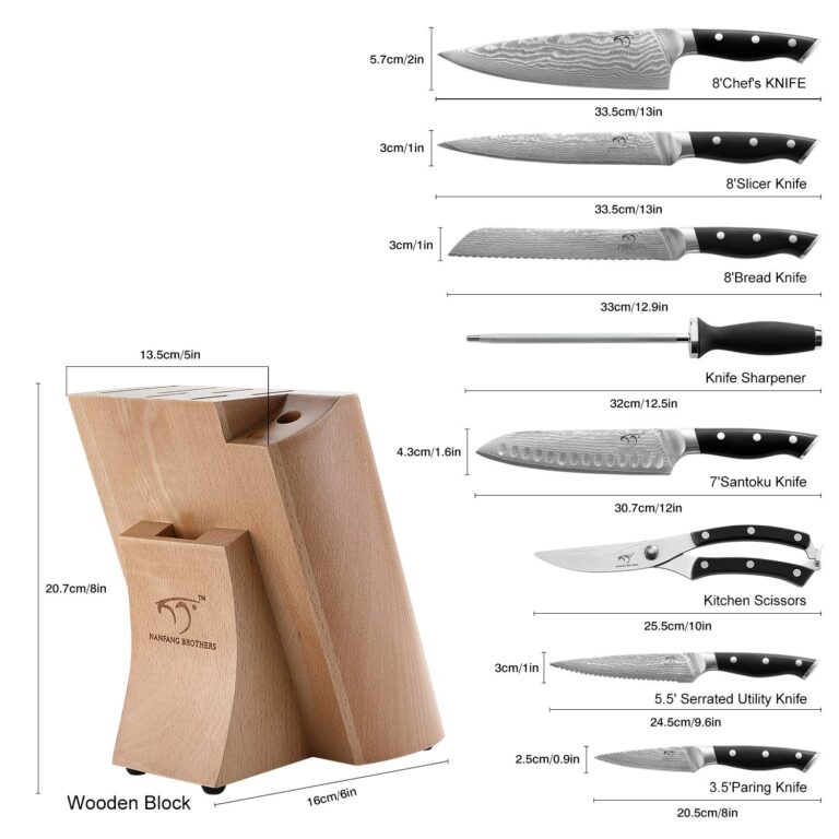 NANFANG BROTHERS Knife Sets, 9 Pieces Damascus Kitchen Knife Set with Block, ABS Ergonomic Handle for Chef Knife Set, Knife Sharpener and Kitchen Shears, Knife Block Set - Image 7