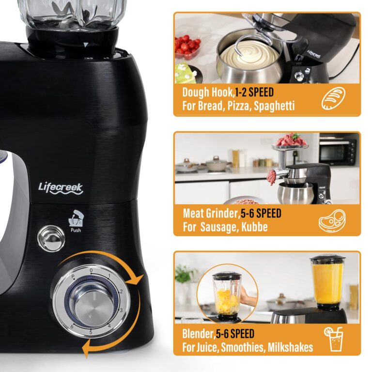 Lifecreek 6-in-1 Multifunctional Stand Mixer, 5.3Qt 660W, 6-Speed Tilt-head, Electric Kitchen Mixer with Stainless Steel Bowl,Meat Grinder, Juice Blender (Black) - Image 5