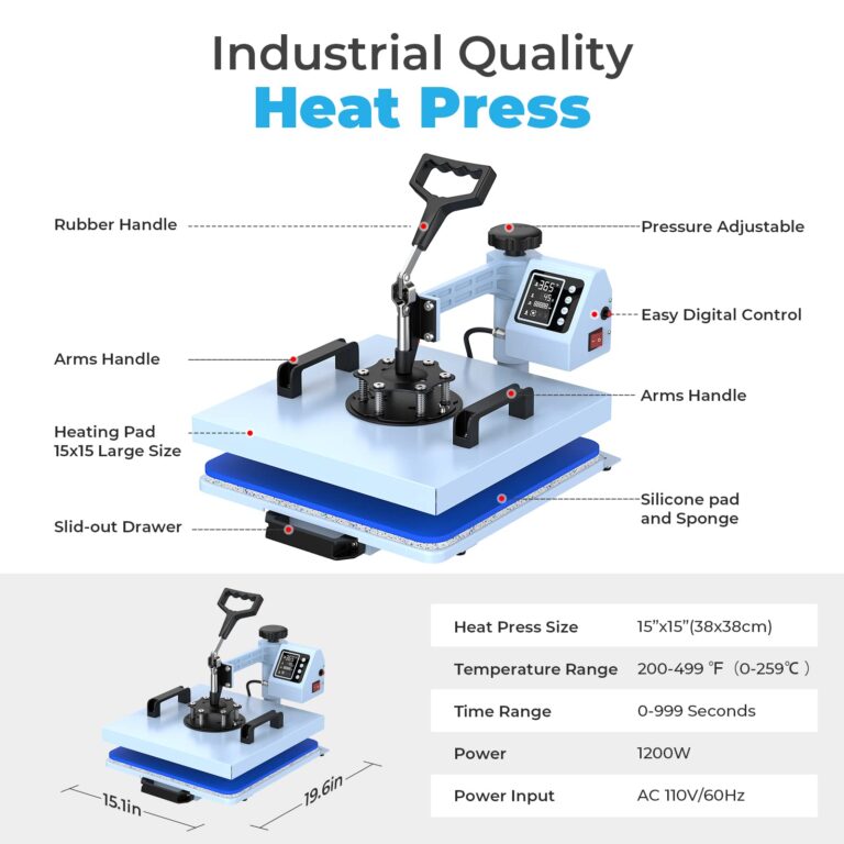 Pro 15x15 Heat Press with 30 OZ Tumbler Attachment, 5in1 Combo Tumbler Heat Press for T-Shirts, Tumblers Glass Cans Mugs Hats, and Plates - Image 3