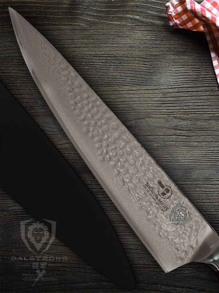 Dalstrong Chef Knife - 10.25 inch Blade - Shogun Series ELITE - Damascus - Japanese AUS-10V Super Steel - G10 Black Handle - Razor Sharp Kitchen Knife - Hammered Finish - Chef's Knife - Sheath - Image 3