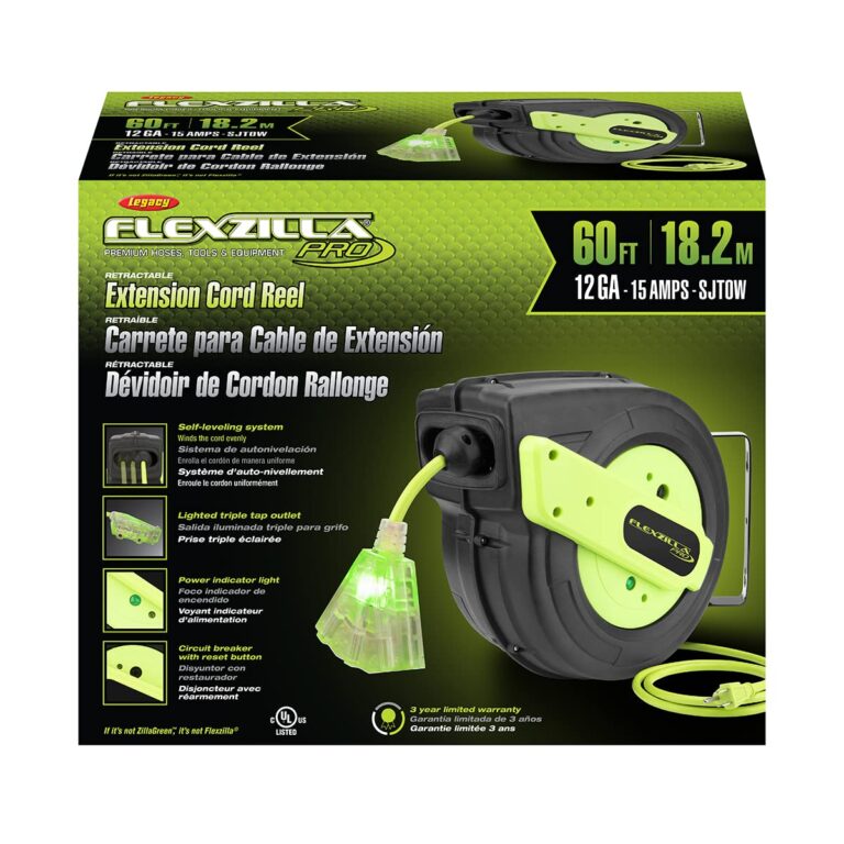 Flexzilla Retractable Extension Cord Reel, 12/3 AWG SJTOW Cord, 60', Grounded Triple Tap Outlet, ZillaGreen, FZ8120603 - Image 7