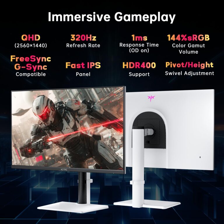 KTC 27 Inch White Gaming Monitor 300Hz/320Hz, QHD 1440P Fast IPS Computer Monitor with Adaptive FreeSync, HDR400, Height/Pivot/Swivel/Tilt Adjustable, DP&HDMI, H27E6 - Image 9