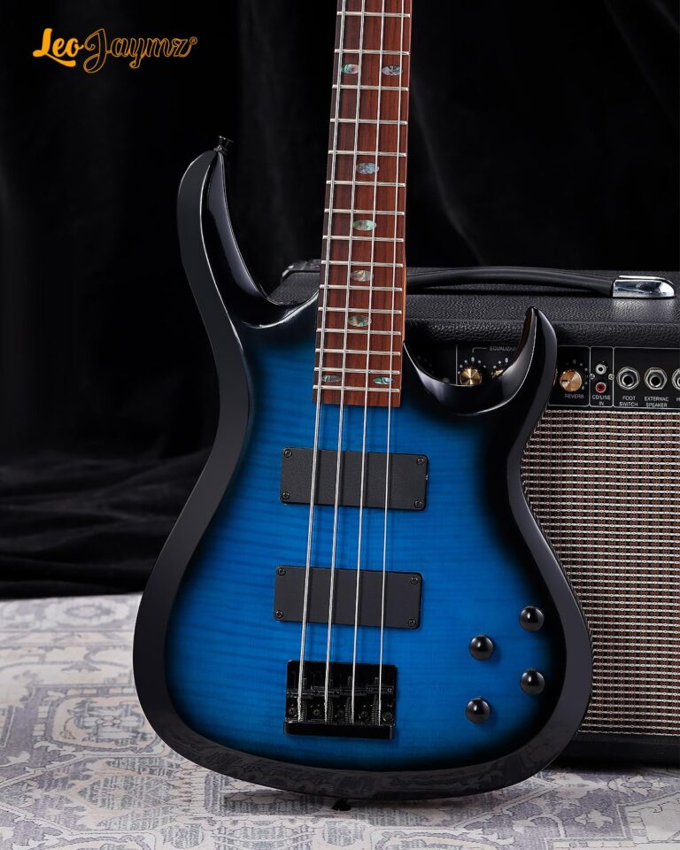 Leo Jaymz CB-400 4 String 34" Scale Electric Bass Guitar, 24 Frets, Mahogany Body, Rosewood Fingerboard with Abalone Inlays, Roasted Maple Neck, H-H Pickups, Glossy Body Finish (CB Flame Blue) - Image 5