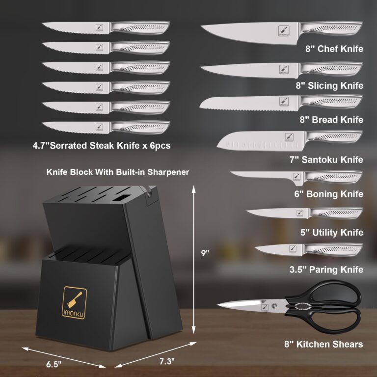 imarku Knife Set,15 PCS Kitchen Knife Set With Block, Premium HC Stainless Steel Knife Block Set With Built-in Sharpener, Kitchen Knives With Ergonomic Handle, Dishwasher Safe, Black - Image 9