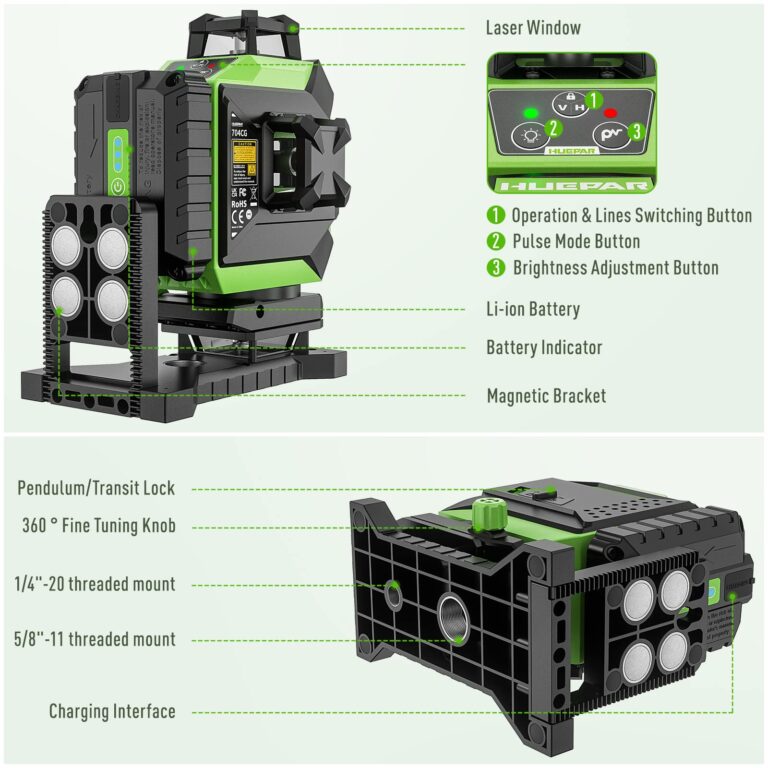 Huepar 4x360 Laser Level Self-leveling 4D Green Beam Cross Line 16 Lines Tiling Floor Laser Tool -2x360 Horizontal/Vertical Laser Lines -rechargeable Li-ion Battery & Integrated Magnetic Bracket 704CG - Image 3
