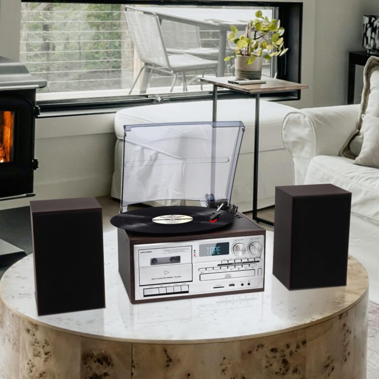 3-Speed Turntable 10 in 1Record Player with Bluetooth, AM/FM Radio, USB/SD/MMC, CD/Cassette Playback, Remote Control, and 2 External Speakers – Great for Gifting - Image 2