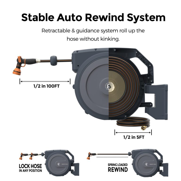 Giraffe Tools AW30 1/2MB Retractable Garden Hose Reel 1/2" x 100 ft PRO Metal Bracket, Heavy Duty, Any Length Lock Hose Reel, 100 ft, Dark Grey - Image 2