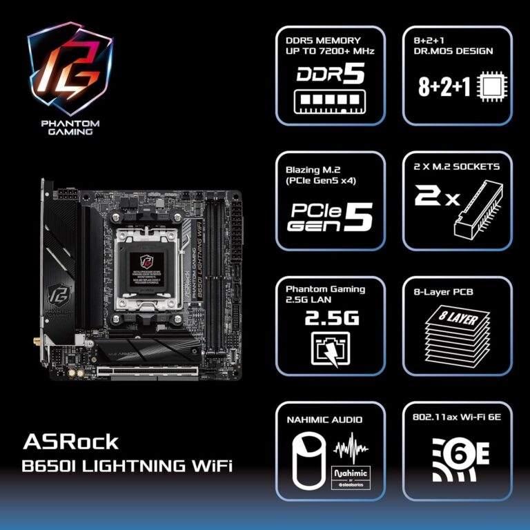 ASRock B650I Lightning WiFi 6E AMD Socket AM5 Ryzen 9000/8000/7000 Series B650 DDR5 7200+ (OC) MHz 128GB SATA3 6.0 Gb/s Mini ITX Motherboard M.2 2.5G LAN - Image 9