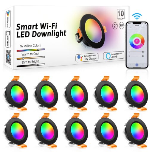 inShareplus 2 Inch Smart Recessed Lighting, 10 Pack WiFi Black LED Downlight 5W 120V, Dimmable RGBCW 2700-6500K Color Changing, Compatible with Alexa/Google, Ceiling Lights with LED Driver