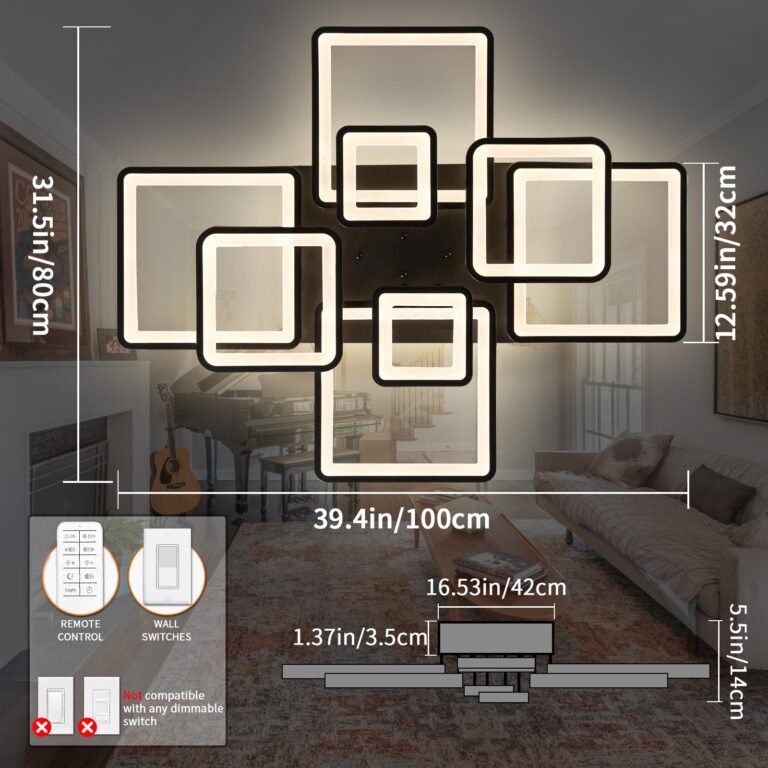 Shine LUEST Modern LED Ceiling Light, Dimmable LED Chandelier Black Flush Mount Ceiling Lights, Remote Control Acrylic Ring Ceiling Lamp Fixture for Living Room Dining Room Bedroom, 8H-FANG-BL-04 - Image 7
