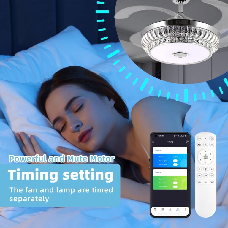 NUTCRUST Bluetooth Ceiling Fan with Light and Speaker, Retractable Ceiling Fan Chandelier with Remote Control, 6 Speeds Reversible Blade Smart Ceiling Fan, Bright Silver, Nordic - Image 3