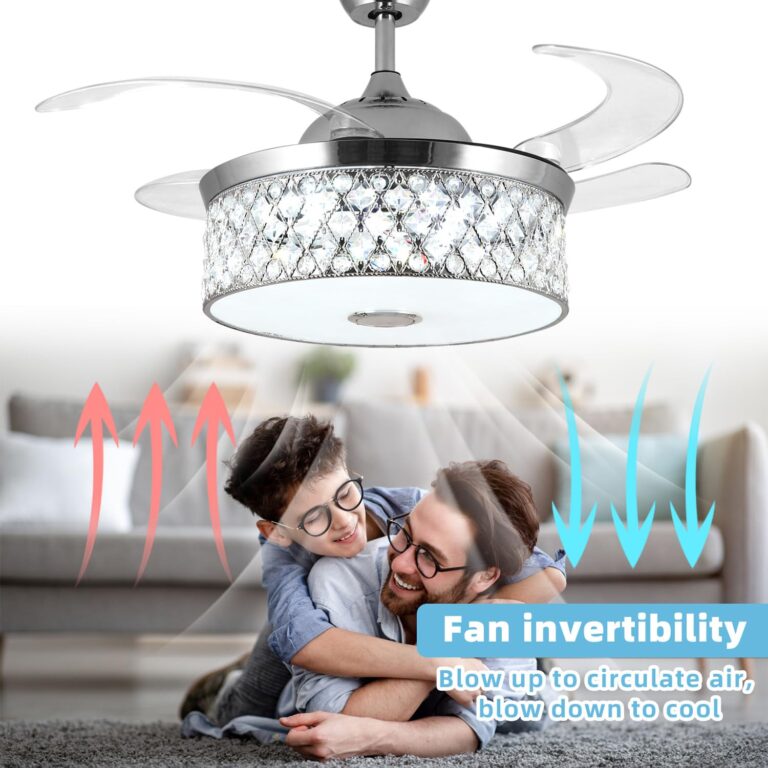 Retractable Crystal Ceiling Fan With Light and Remote/APP Control, Bluetooth Speaker, RGB LED Light, 6 Speeds Reversible Blades, Chandelier for Bedroom Living Room - Image 4