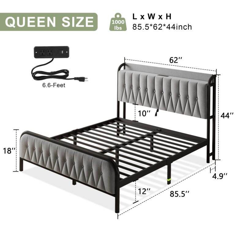 Feonase Velvet Queen Bed Frame with Fast Charging Station,Queen Size Metal Platform Beds with Upholstered Headboard & Footboard,12" Underbed Storage Space,Easy Assembly,Noise-Free,Grey - Image 7