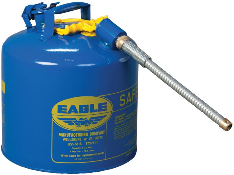 Eagle 5 Gallon Type II Blue Safety Gas Can for Kerosene with Flame Arrester, Self-Closing Lid, and 12" x 7/8" Flexible Metal Hose, Made in the USA, Galvanized Steel Flammable Storage Can, U251SB