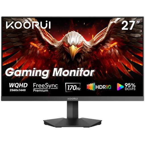 KOORUI 27” WQHD (2560 x 1440p) Gaming Monitor 170Hz (Supports 144Hz), 1ms Fast IPS, HDR 10, DCI-P3 95% Color Gamut, FreeSync Premium, Adaptive G-Sync, HDMI x 2, DisplayPort, Black