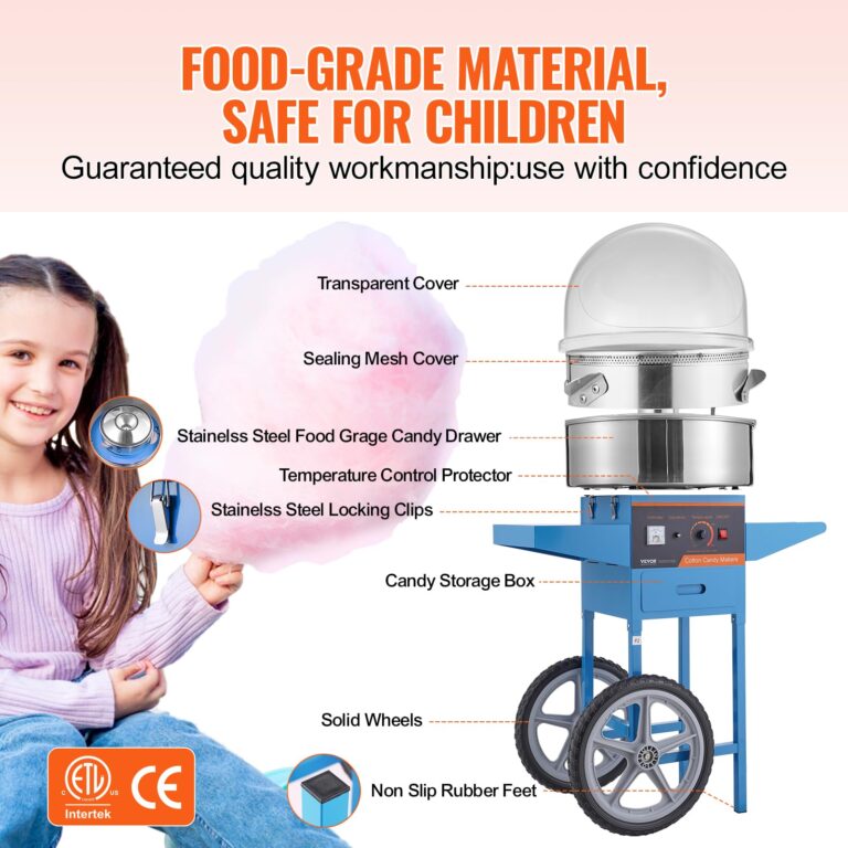 VEVOR Electric Cotton Candy Machine Cart with Cover, 1000W Commercial Floss Maker w/Stainless Steel Bowl, Sugar Scoop and Drawer, Perfect for Home, Carnival, Kids Birthday, Family Party, Blue - Image 7