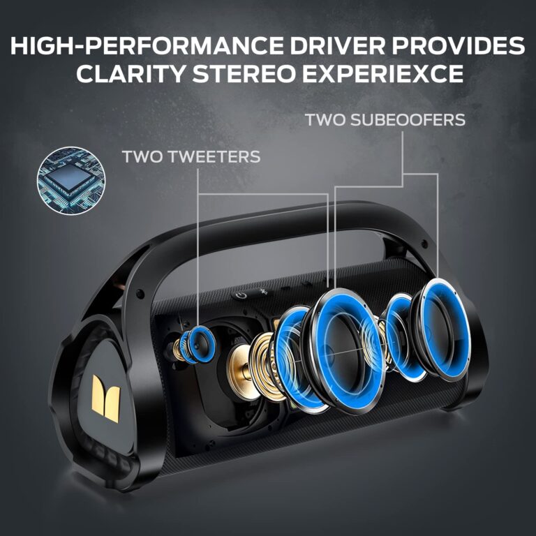 Monster Adventurer Max Bluetooth Speaker with Two Wireless Microphones, IPX7 Waterproof Outdoor Speaker with 100W Powerful Stereo Sound, Portable for Home, Party, Camping, Gold - Image 7