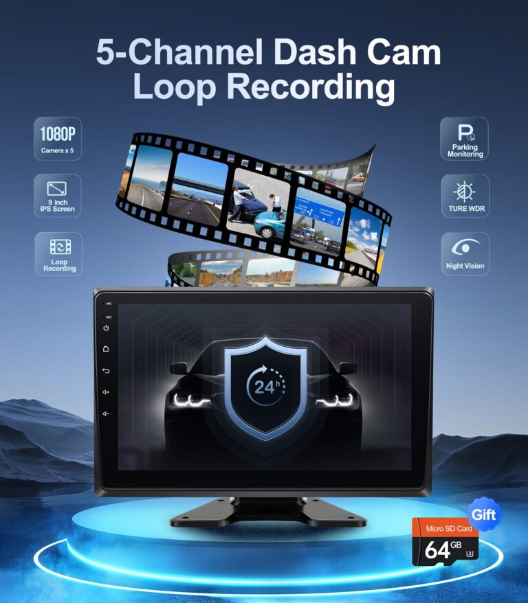 5-Channel 1080P Backup Camera Dash Cam with 10.2'' Monitor Android.11,DVR Recording Back Up Camera for RV/Truck/Van/Trailer/SUV Cars, Car Raido with Wireless CarPlay/Android Auto/BT/FM Radio/WiFi - Image 6