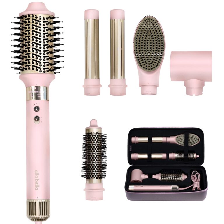 ELLA BELLA® 6 in 1 Professional Hot Air Styler • Powerful Hair Dryer & Straightener Set • Styling Without Heat Damage • Fast Drying Curling Volumizing Straightening • Protective Travel Case (Pink)