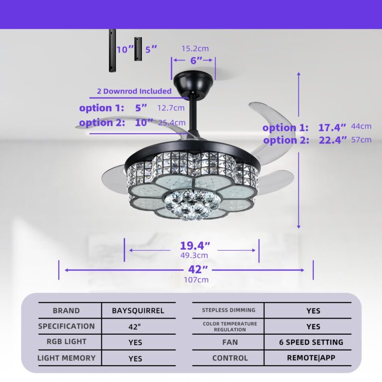 BAYSQUIRREL Retractable Crystal Ceiling Fan with Light, Bluetooth Ceiling Fans with Speaker and Remote/APP Control, 6 Speeds Reversible Blades, RGB-LED Dimmable Chandelier Ceiling Fan - Image 5