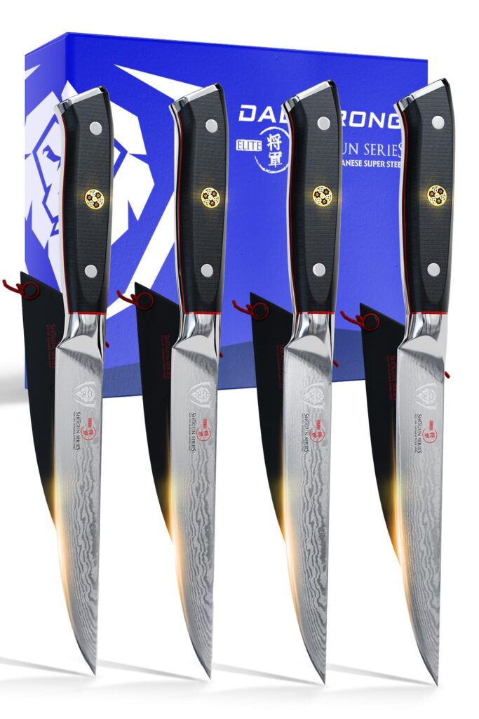 Dalstrong Steak Knives Set -5"-Shogun Series ELITE-Damascus-Japanese AUS-10V Super Steel - 4pc-Razor Sharp Fillet Knives-Table Set-Razor Sharp Kitchen Knife Set-w/Sheaths