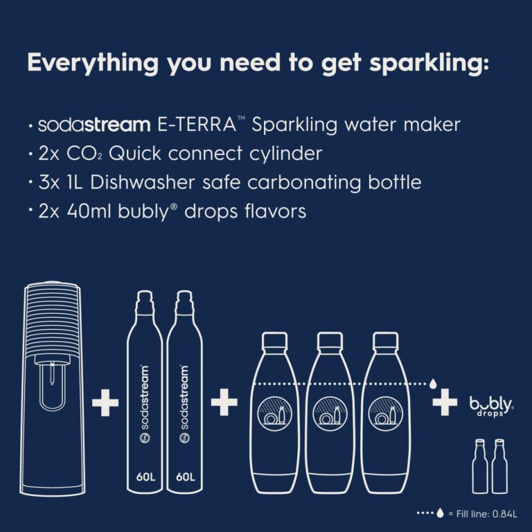 SodaStream E-TERRA Sparkling Water Maker Bundle (White), with CO2, Carbonating Bottles, and bubly Drops Flavors - Image 9