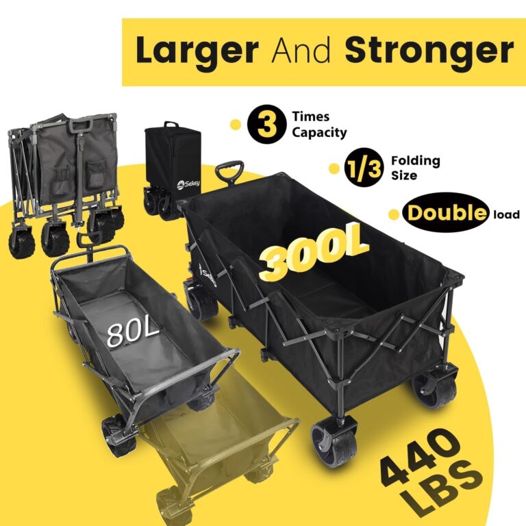 Sekey 48''L Collapsible Foldable Extended Wagon with 440lbs Weight Capacity, Heavy Duty 300L Folding Utility Garden Cart with Big All-Terrain Beach Wheels & Drink Holders. Black - Image 8