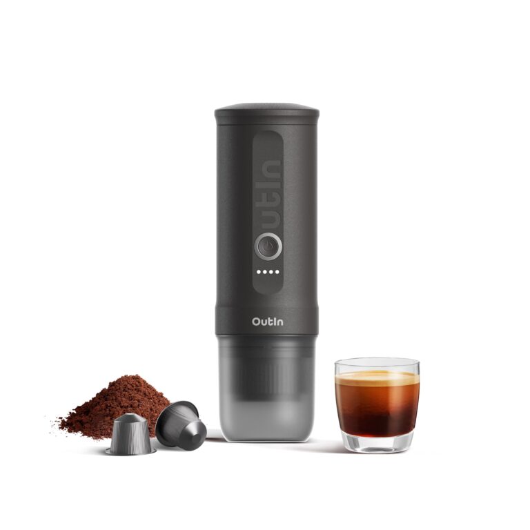 OutIn Nano Portable Electric Espresso Machine, Travel Coffee Maker for Camping, Car Coffee Maker Self-Heating with USB-C, With Ground Coffee & NS Capsule for RV, Hiking, Office