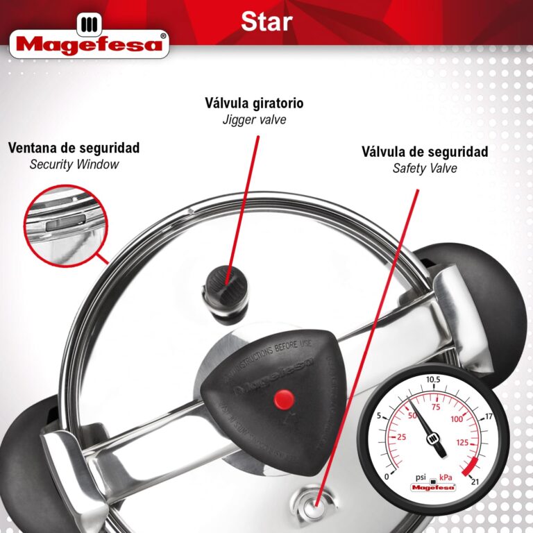 MAGEFESA Star Pressure Cooker, 14.8-Quart, 18/10 Stainless Steel, Works on All Stovetops (Induction Compatible), Safety Lock & 8 PSI Cooking - Image 3