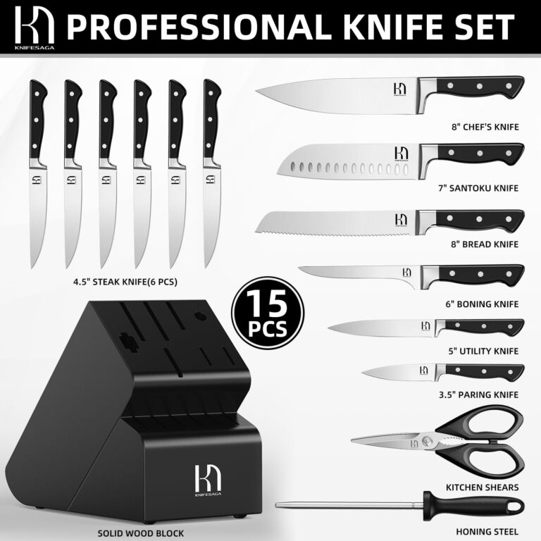 KnifeSaga Knife Set, 15 Pcs Kitchen Knife Block Set, Enduring Razor-Sharp Japanese High Carbon Stainless Steel Chef Knife Set with Block and Sharpener, Premium Black Knives Set for Kitchen - Image 5
