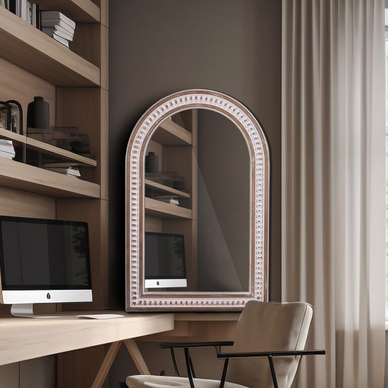 36x24 Boho Wooden Arched Wall Mirror with Beaded, Rustic Farmhouse Decorative Arch Mirrors for Bathroom Vanity, Living Room, Entryway, or Foyer - Image 2