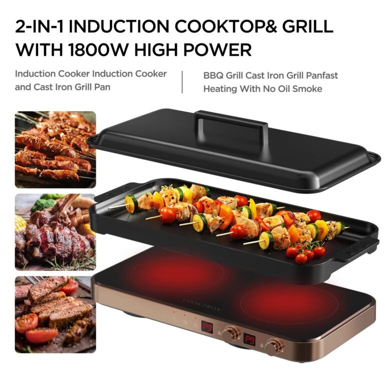 Portable Compact 2 Burner Induction Cooktop Electric Stove w/Smokeless Cast Iron Griddle Grill & Temperature Control & Child Lock, Rose Gold - Image 9