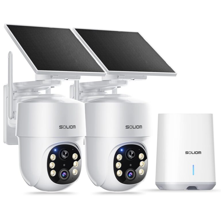 SOLIOM- True 5MP HD Security Cameras Wireless Outdoor, Solar Powered Home Security Camera with 360° Auto Tracking, Pan & Tilt, Spot Light Night Vision,2-Cam Pack, 5G & 2.4G Router, No Subscription