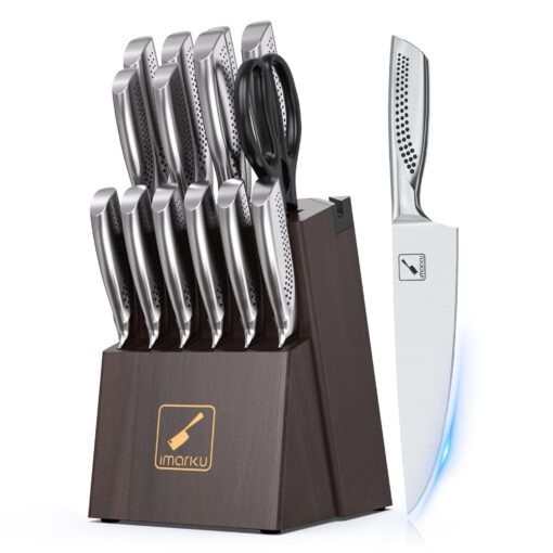 imarku Knife Set, 15-Pieces HC Stainless Steel Kitchen Knife Set With Built in Knife Sharpener, Razor-Sharp Blade Knife Block Set With Non-Slip Handle, Dishwasher Safe, Birthday Day Gifts