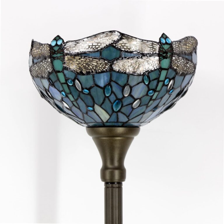 WERFACTORY Tiffany Floor Lamp Sea Blue Stained Glass Dragonfly Light 12X12X66 Inches Pole Torchiere Standing Corner Torch Uplight Decor Bedroom Living Room Home Office S147 Series - Image 8