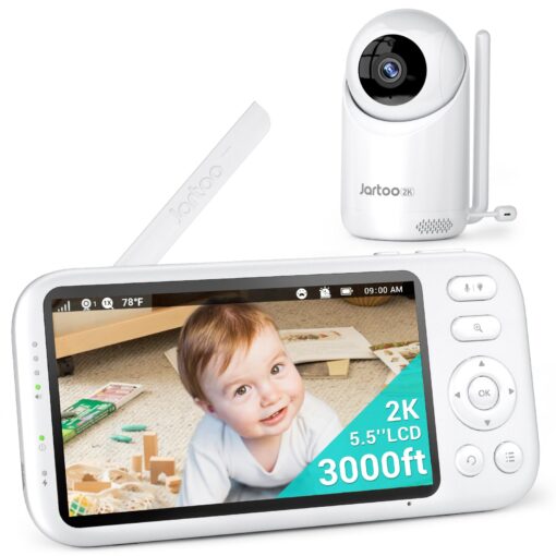 Jartoo 2K Video Baby Monitor with Camera and Audio, 3000ft Long Range Baby Monitor No WiFi 5.5" FHD Screen ANC Baby Camera Wireless, Room, Portable, Night Vision, 2-Way Talk, AI Cry Detect, 6000mAh