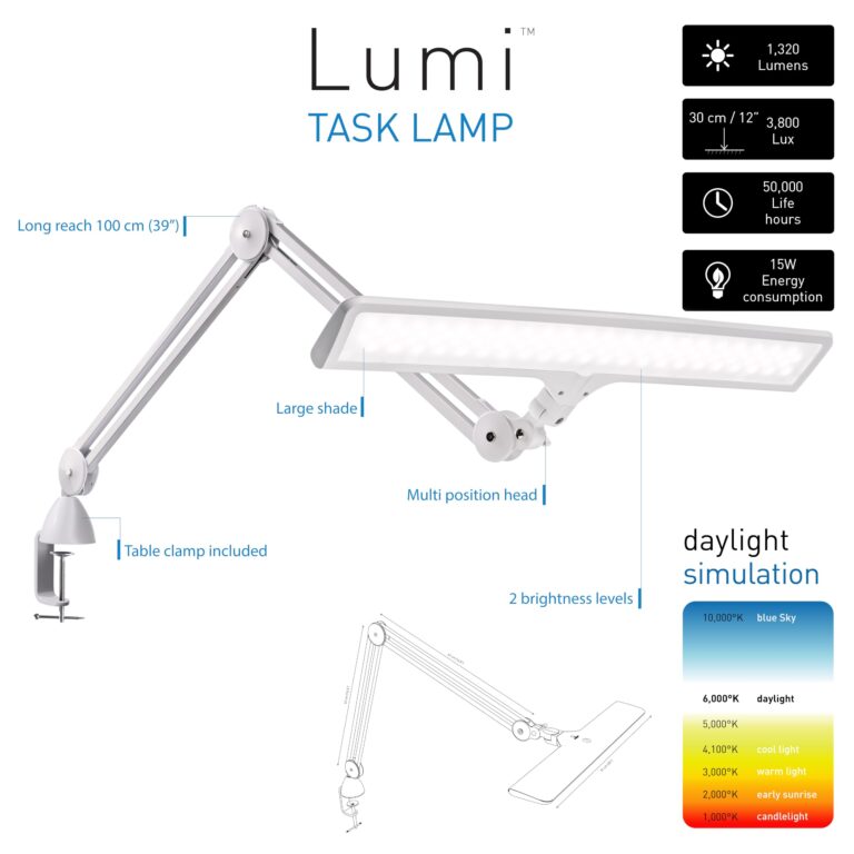 Daylight Company Lumi Task Lamp,+95 CRI, 4000 Lux,Craft Light, Super Bright Desk Lamp, Touch Dimmable, 2 Brightness Levels, Ideal Table Light, Drawing Lamps - Metal - 15 W - Image 6