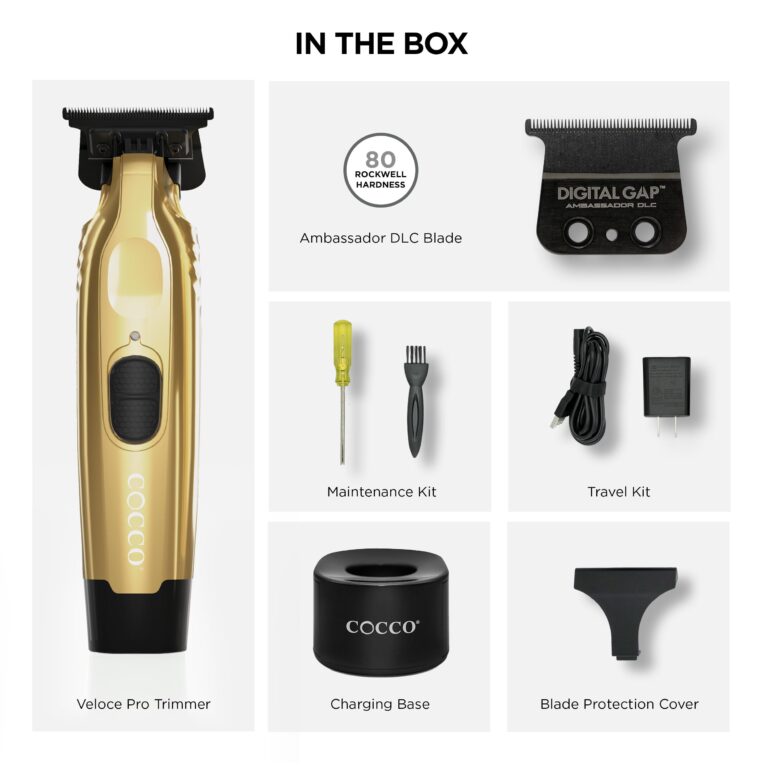 Cocco Veloce Pro Trimmer, Digital Gap Ambassador DLC Blade Edger, High-Torque Brushless BLDC Motor, Cordless, All-Metal Design, Lithium-Ion Battery, Charging Base Included, Gold - Image 5