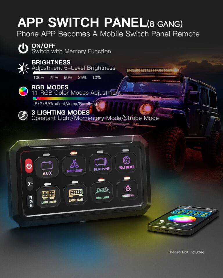 RGB 8 Gang Switch Panel, Marine Switch Panel Box, Multifunction Offroad Light Switch Panel, Wireless Auxiliary LED Switch Pod for 12V/24V Car Truck Jeep SUV Boat Marine, Waterproof, Phone Control - Image 6