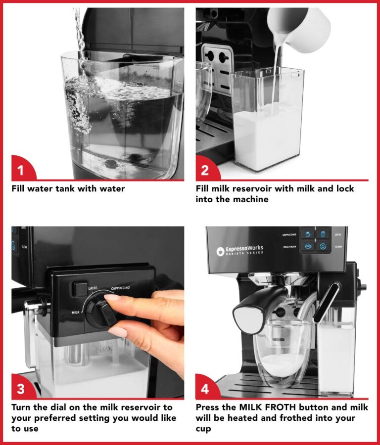 EspressoWorks 19-Bar Espresso, Latte and Cappuccino Maker 10-Piece Set - Brew Cappuccino and Latte with One Button - Espresso Machine with Milk Steamer 1250W - Coffee Gifts (Black) - Image 4