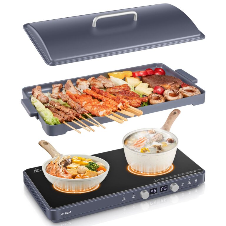 Double Induction Cooktops, Induction Cooktop 2 Burners with Removable Iron Cast Griddle Pan Non-stick, Sensor Touch 8 Power Levels, Independent Temperature Control