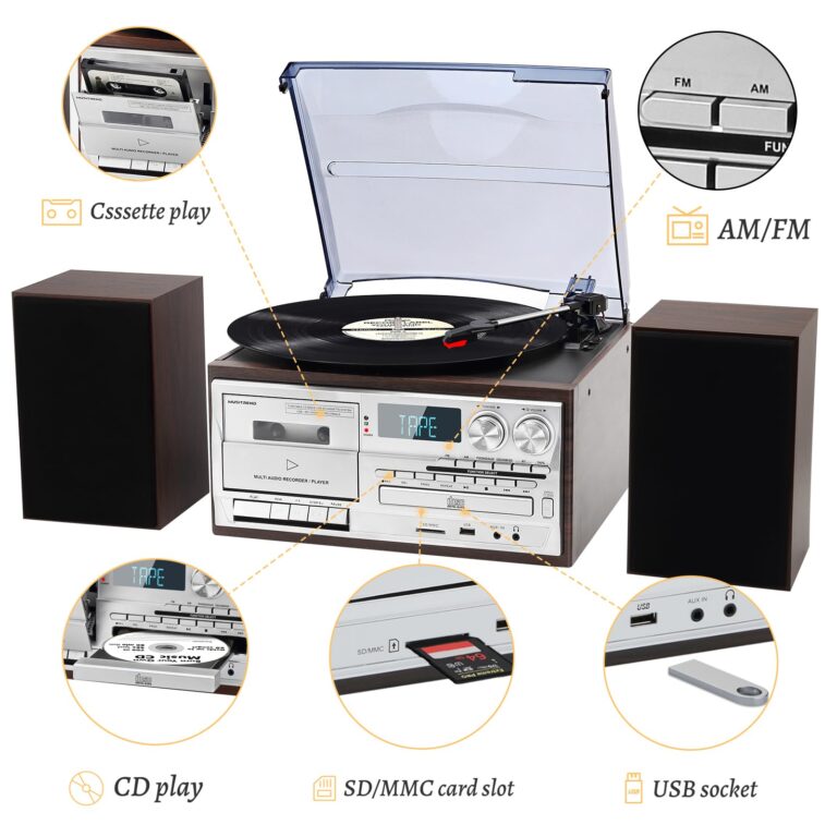 3-Speed Turntable 10 in 1Record Player with Bluetooth, AM/FM Radio, USB/SD/MMC, CD/Cassette Playback, Remote Control, and 2 External Speakers – Great for Gifting - Image 5