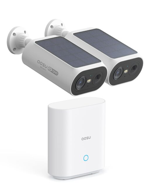 AOSU Solar Security Cameras Wireless Outdoor, 2Mins DIY Installation, No Subscription Cameras for Home Security System, Local Storage, 2K Color Night Vision for Surveillance, 2.4&5ghz WiFi, 2 Cam-kit