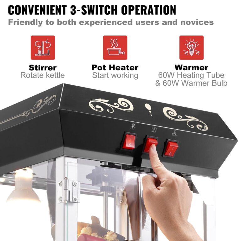 VEVOR Popcorn Maker, 850W Popcorn Popper Machine, 8 Oz Kettle Makes 48 Cups per Batch, Countertop Popcorn Maker with Tempered Glass, Includes 4 Scoops, Movie Theater Style, Black - Image 6