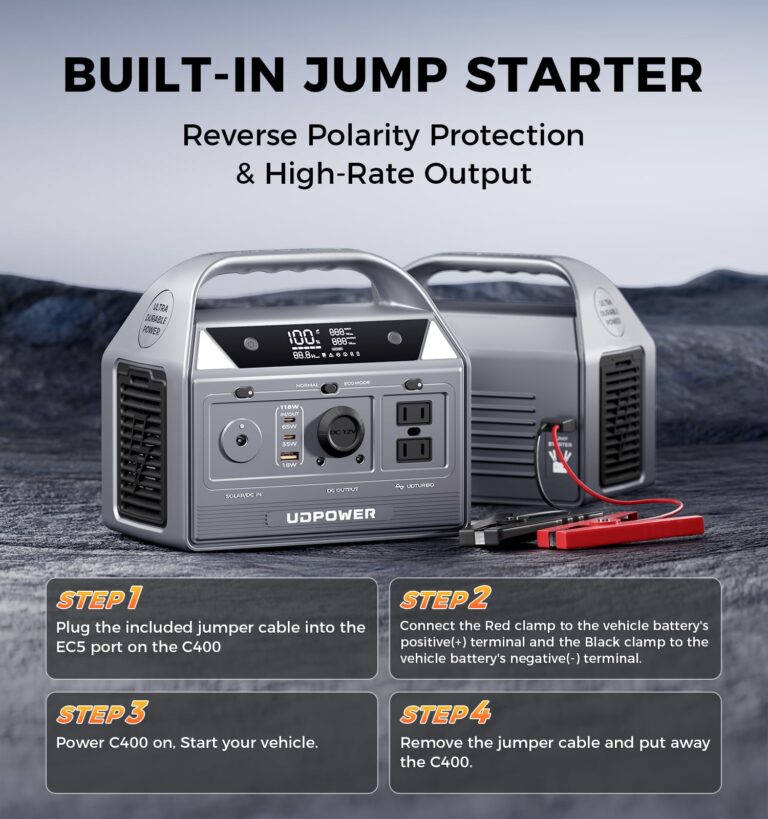 UDPOWER C400 Portable Power Station with Jump Starter & Folding Solar Panel - 400W (Surge 800W) AC Output, 256Wh LiFePO4 Battery, Solar Generator Kit for Camping, Travel, RV, Emergency Power Backup - Image 4
