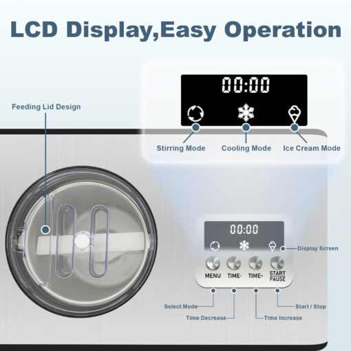 2.1 QT Ice Cream Maker with Compressor, LCD Digital Display & Timer, No Pre-freezing, Automatic Electric Ice Cream Machine for Homemade Use - Image 6